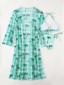 Sexy 3 Pieces Swimsuit Women Halter Textured Bikini+Long Flare Sleeve Cover-Up