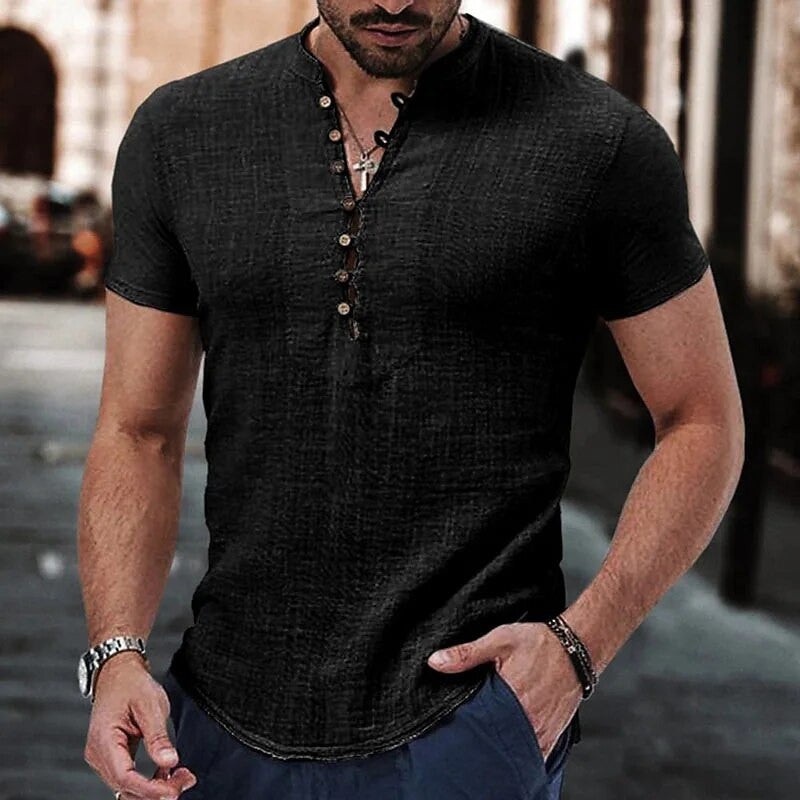 Men's Cotton Linen Short Sleeve V-neck T-shirt