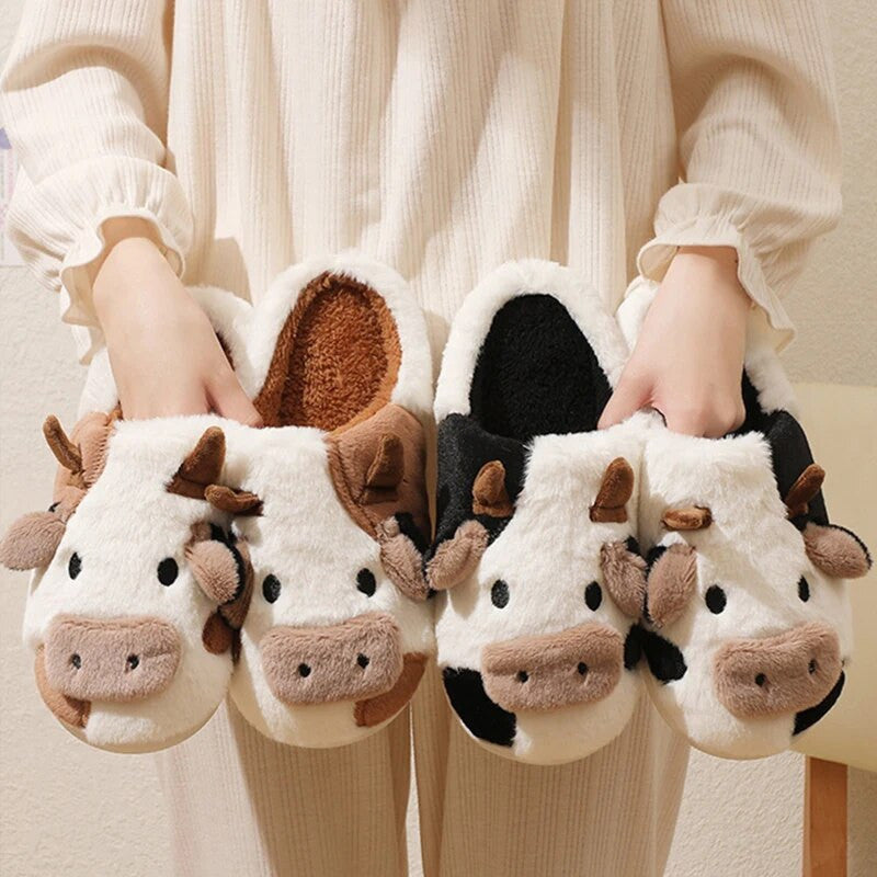 Unisex Cute Cartoon Cow Warm Plush Slippers