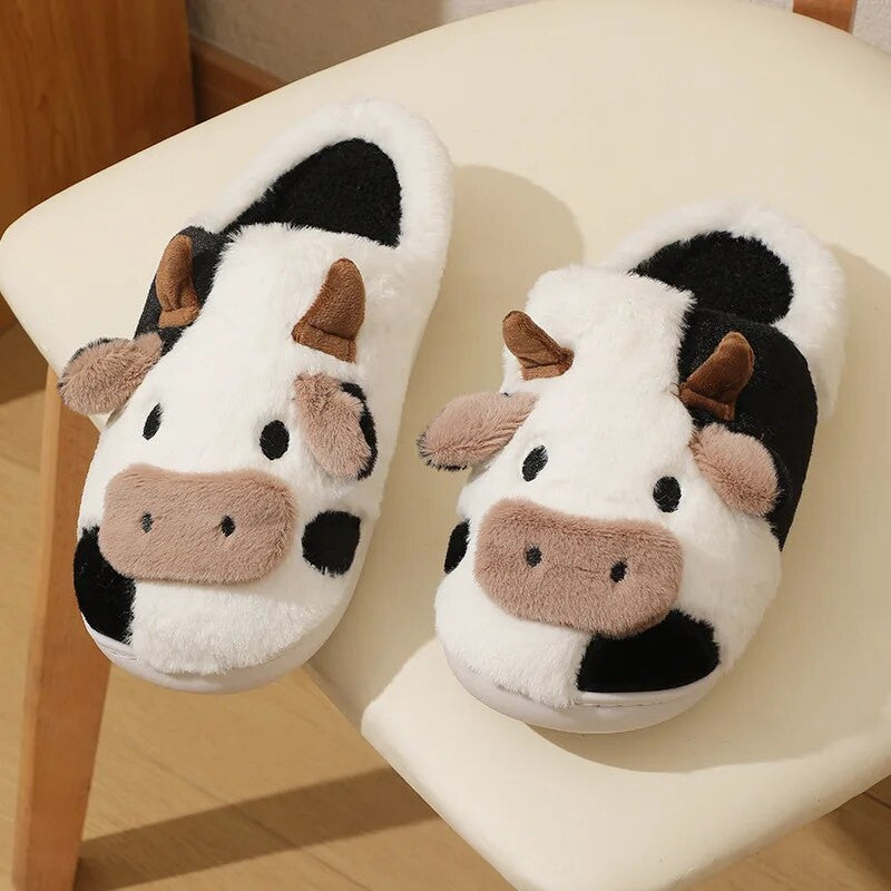 Unisex Cute Cartoon Cow Warm Plush Slippers