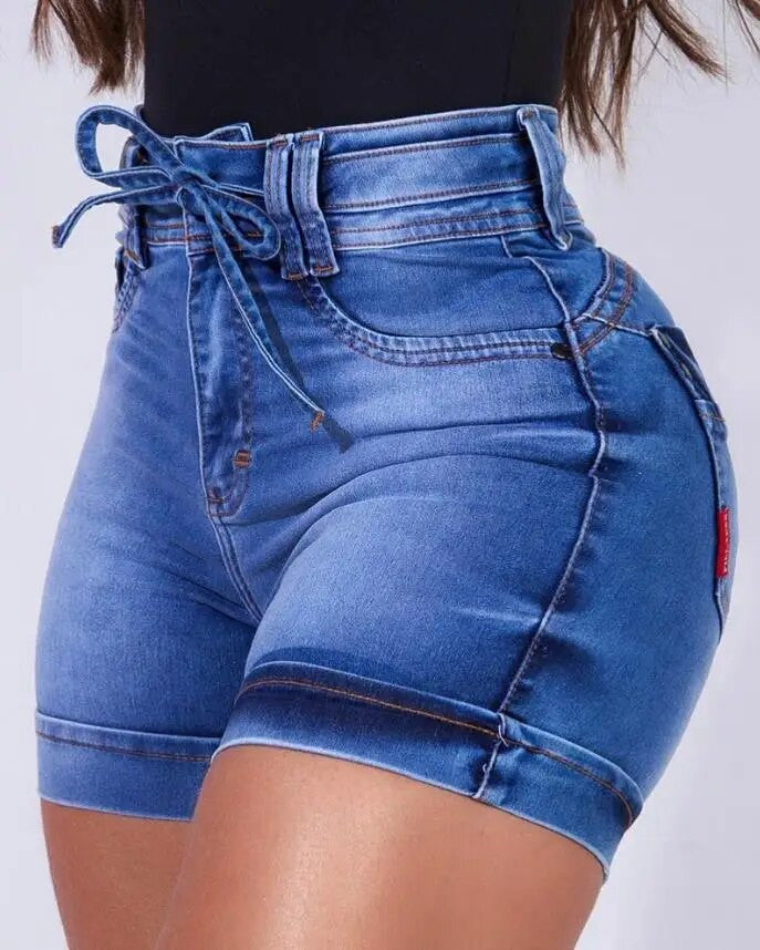 Casual Waist High Zipper Pocket Denim Shorts