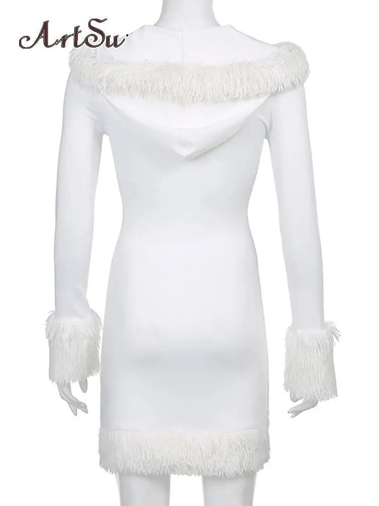 Kawaii Cute Furry White Bodycon Mini Dress