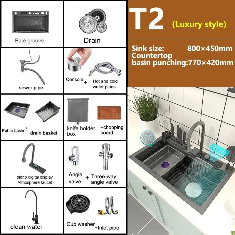 Double Waterfall Stainless Steel Kitchen Sink