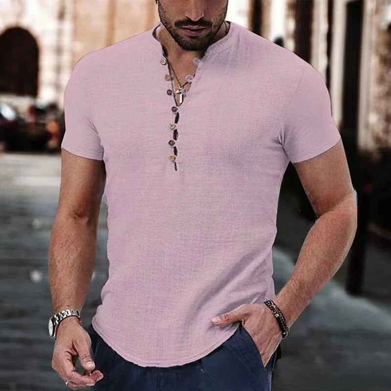 Men's Cotton Linen Short Sleeve V-neck T-shirt