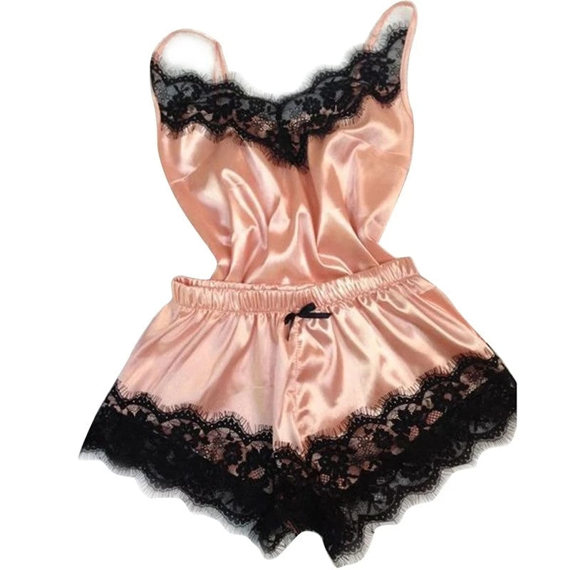 Fashion Women Pajama Suit V-Neck Stretch Satin Babydoll Lace Sexy Lingerie Bowk