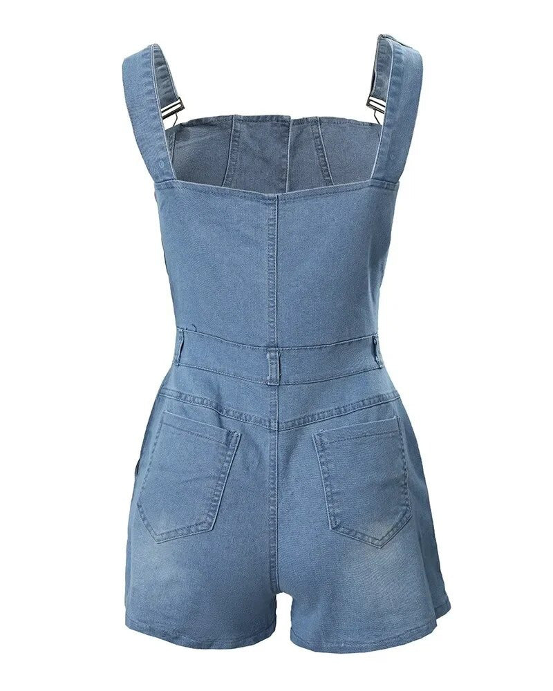 Thin Strap Buttoned Casual Denim Romper