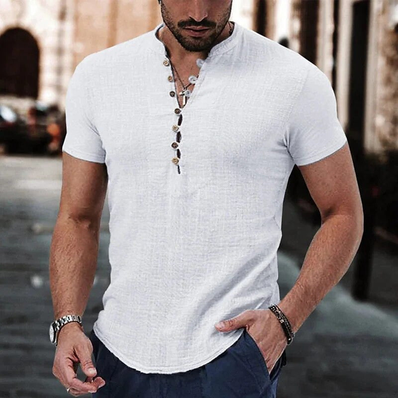 Men's Cotton Linen Short Sleeve V-neck T-shirt