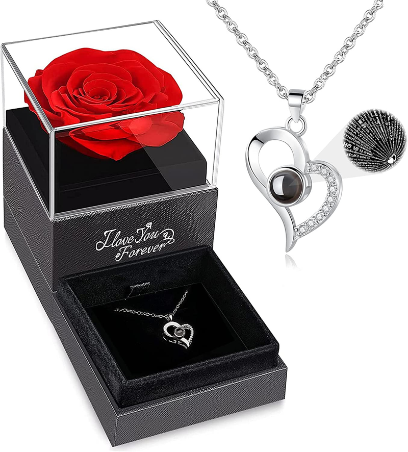 Preserved Real Rose with I Love You Necklace, Christmas Gifts for Women, Mom, Gr