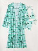 Sexy 3 Pieces Swimsuit Women Halter Textured Bikini+Long Flare Sleeve Cover-Up