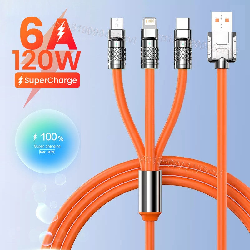 6A 120W 3in1 2in1 USB Fast Charger Cable