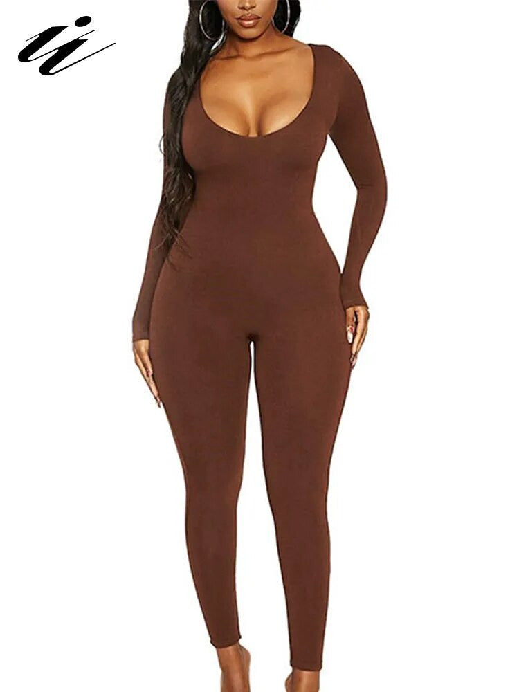 Women's Long Sleeve Solid Skinny Rompers