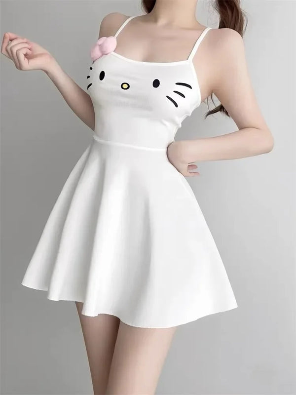 Women White Japanese Mini Spaghetti Strap Dress