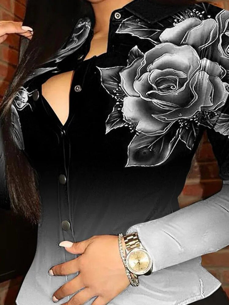 Women's Floral Long Sleeve Button Down Blouse