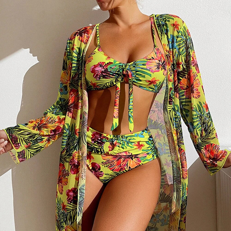 High Waist 3 Pieces Floral Printed Bikini