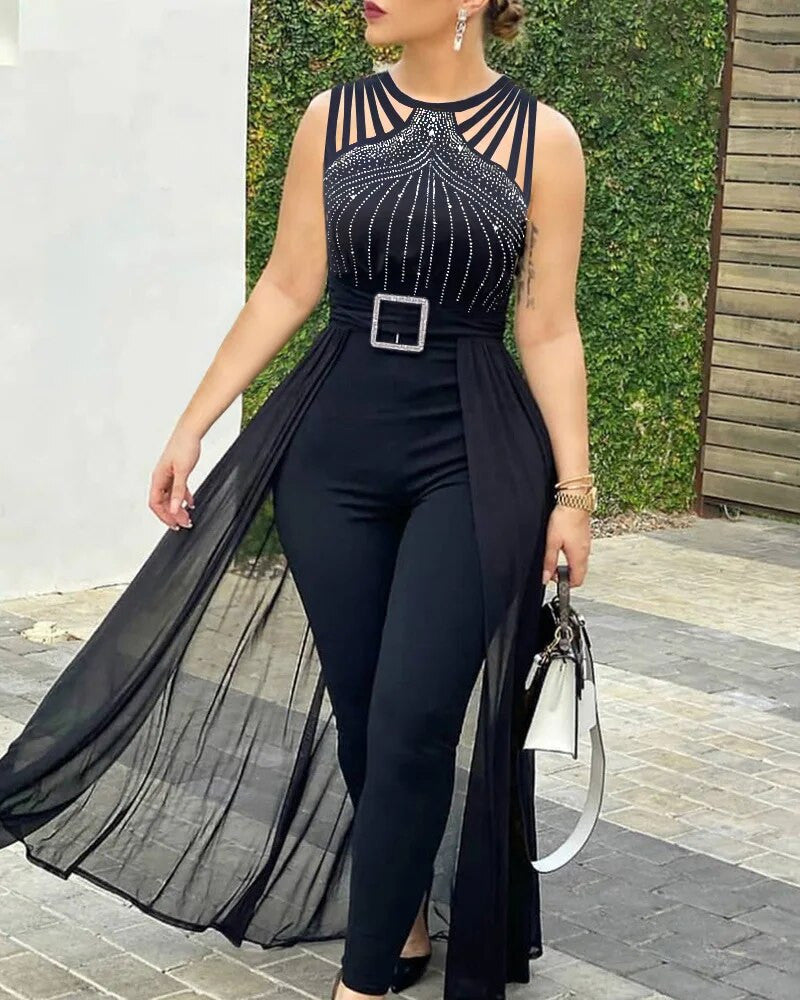 Women's Rhinestone Sheer Sleeveless Jumpsuit