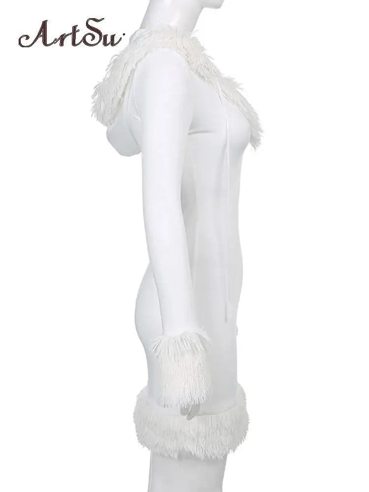 Kawaii Cute Furry White Bodycon Mini Dress