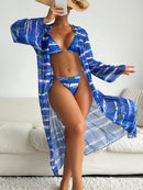 Sexy 3 Pieces Swimsuit Women Halter Textured Bikini+Long Flare Sleeve Cover-Up