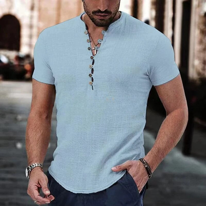 Men's Cotton Linen Short Sleeve V-neck T-shirt