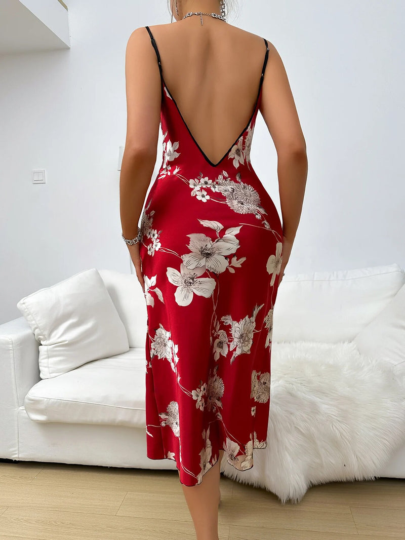 Floral Elegant Print V Neck Backless Nightdress