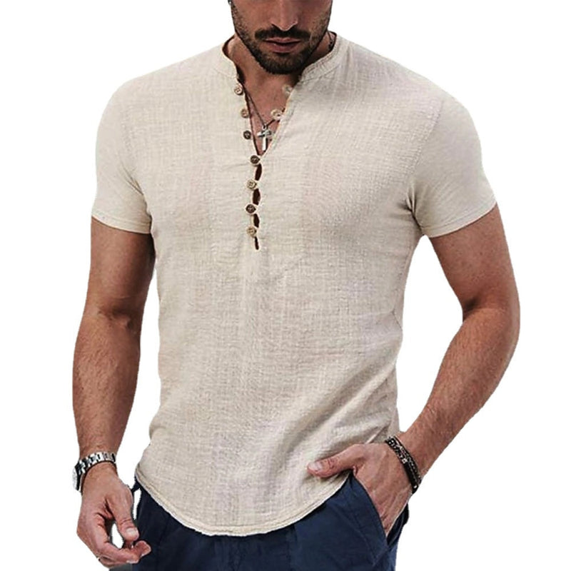 Men's Cotton Linen Short Sleeve V-neck T-shirt