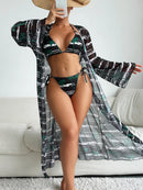 Sexy 3 Pieces Swimsuit Women Halter Textured Bikini+Long Flare Sleeve Cover-Up
