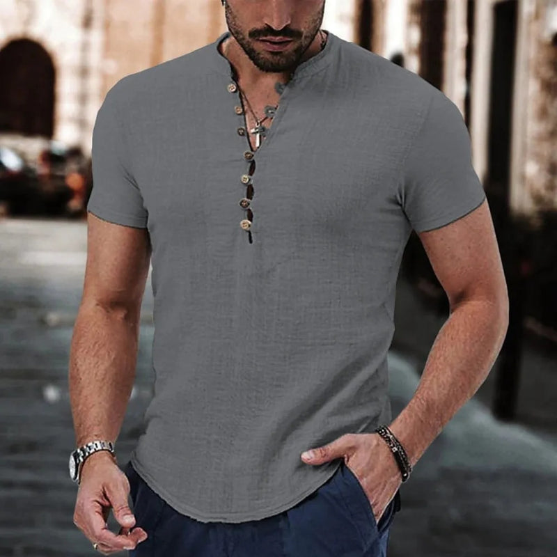 Men's Cotton Linen Short Sleeve V-neck T-shirt