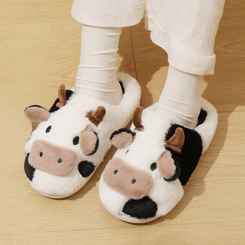 Unisex Cute Cartoon Cow Warm Plush Slippers