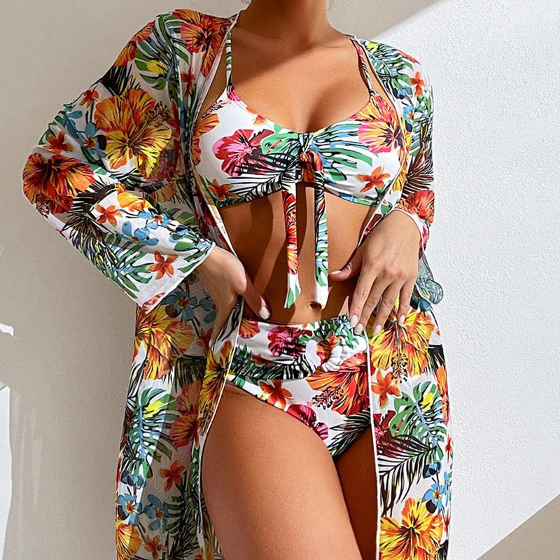 High Waist 3 Pieces Floral Printed Bikini