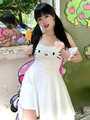 Women White Japanese Mini Spaghetti Strap Dress