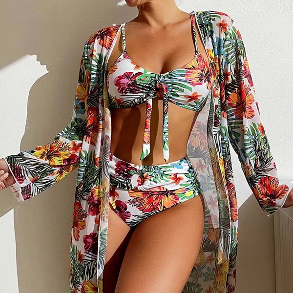 High Waist 3 Pieces Floral Printed Bikini