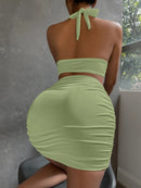 Ruched White Backless 2 Pieces Halter Skirt