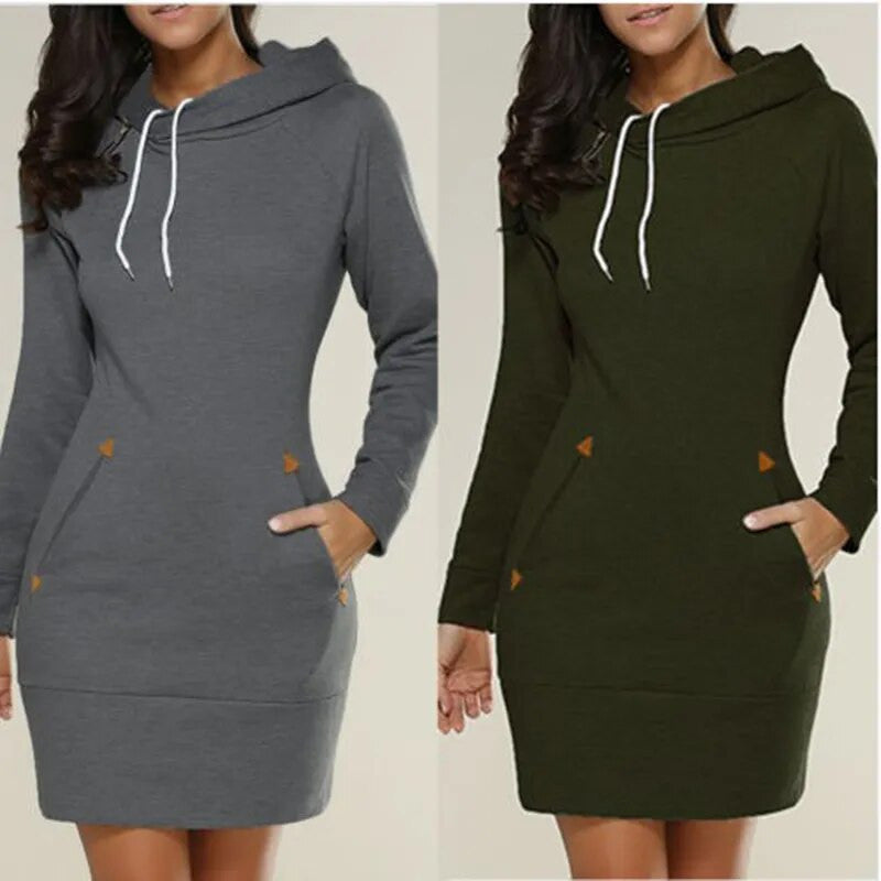 Women‘s Knee-Length Pockets Hooded Dress