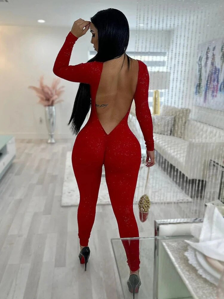 Sibybo Long Sleeve Backless Skinny Jumpsuits