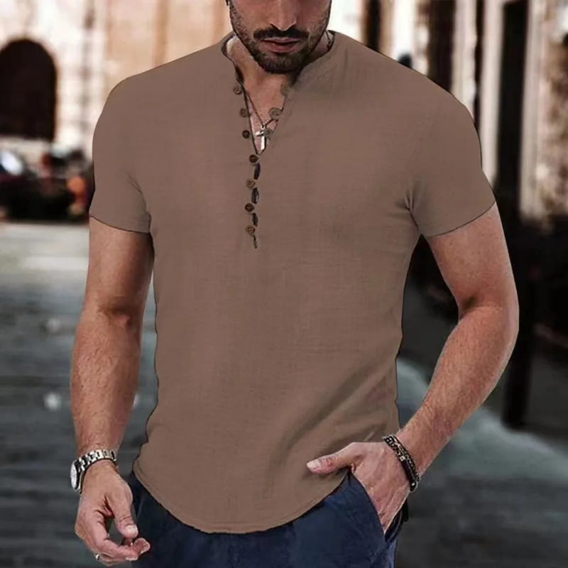 Men's Cotton Linen Short Sleeve V-neck T-shirt