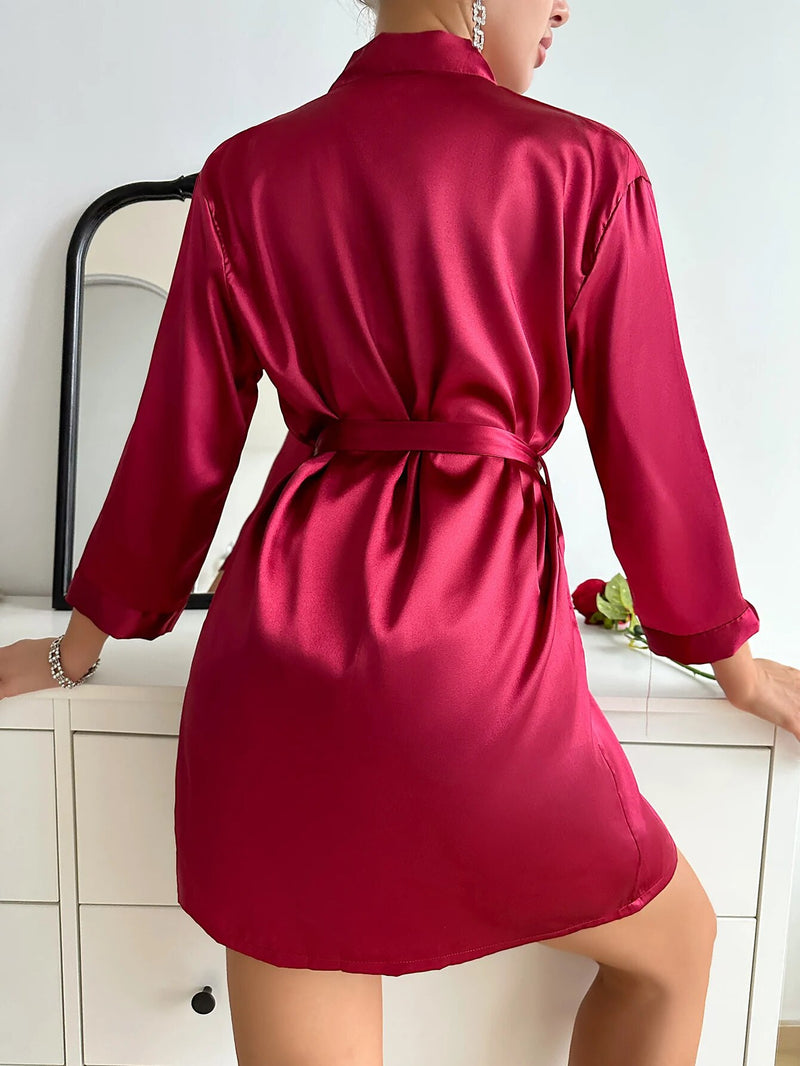 Solid Satin Long Sleeve Robe With Belt Pajama Set