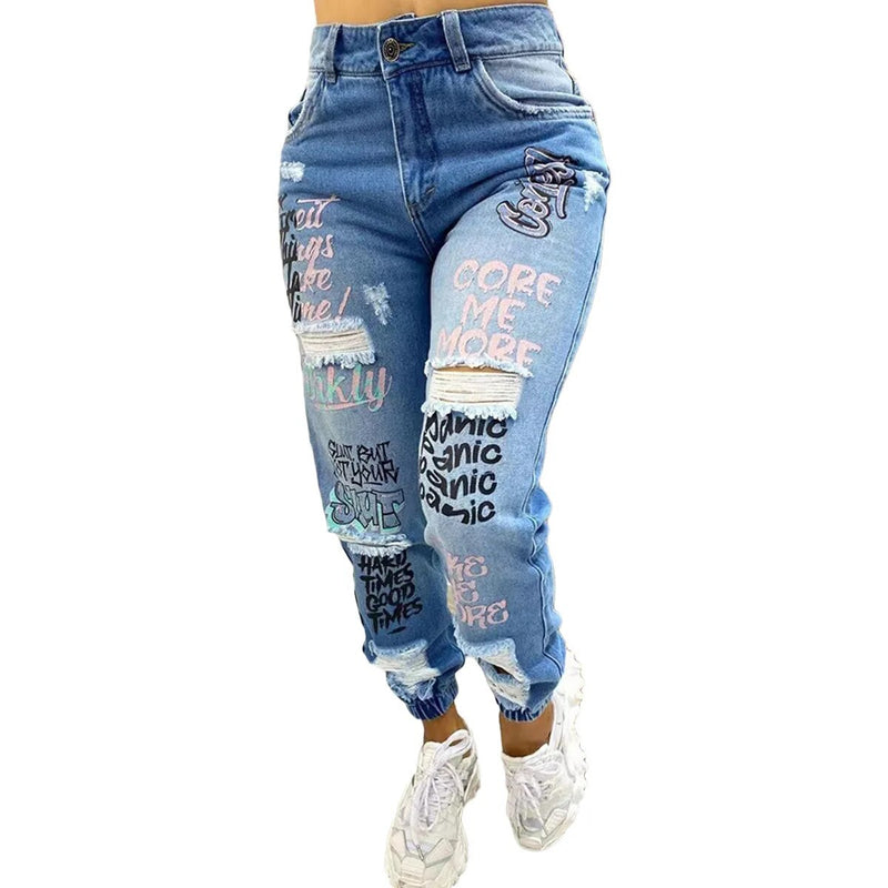 Letter Print Slant Ripped Pocket Jeans