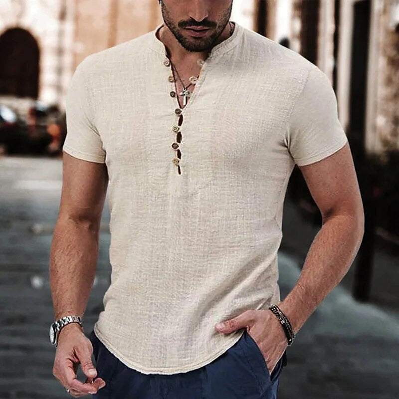 Men's Cotton Linen Short Sleeve V-neck T-shirt