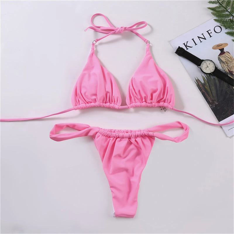 Women's 2 Piece Solid Color High Leg Thong Bikini