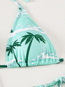 Sexy 3 Pieces Swimsuit Women Halter Textured Bikini+Long Flare Sleeve Cover-Up