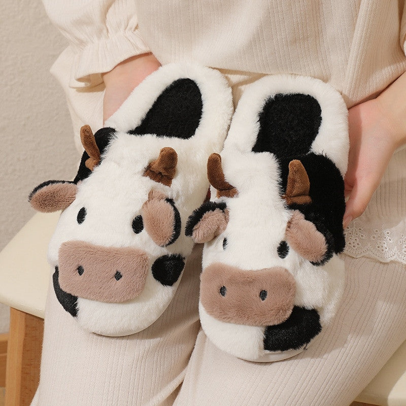 Unisex Cute Cartoon Cow Warm Plush Slippers