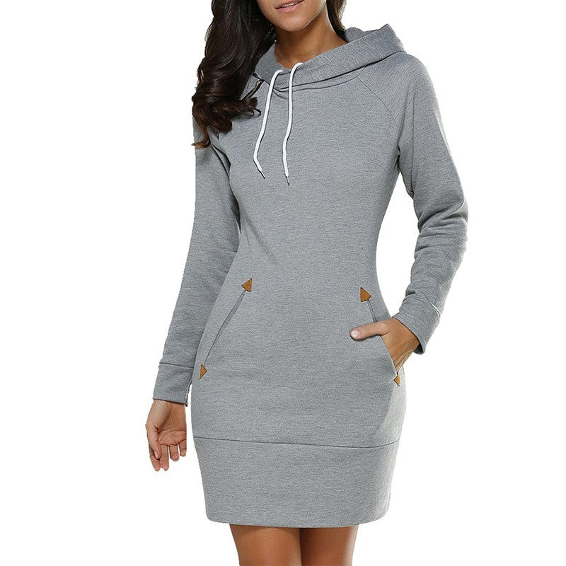 Women‘s Knee-Length Pockets Hooded Dress