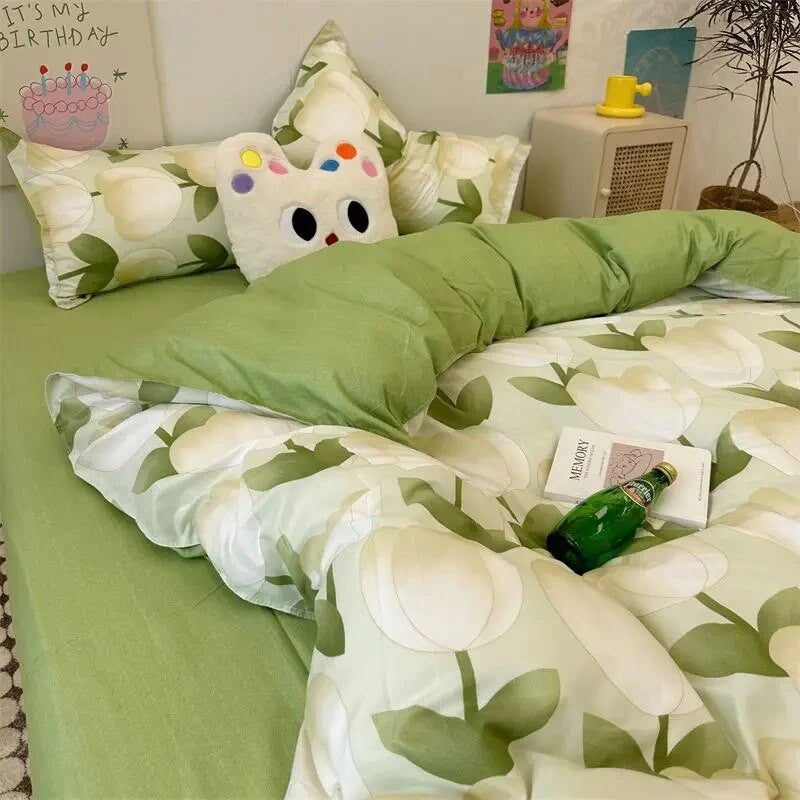 Korean Style Queen Size Twin Bedding Sheet  With Pillowcase