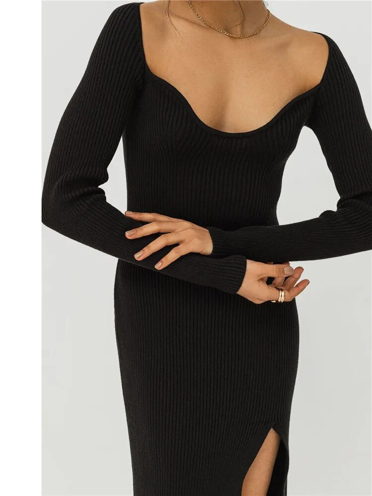 Square Collar Elegant Ribbed Knitting Dress