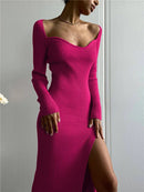 Square Collar Elegant Ribbed Knitting Dress