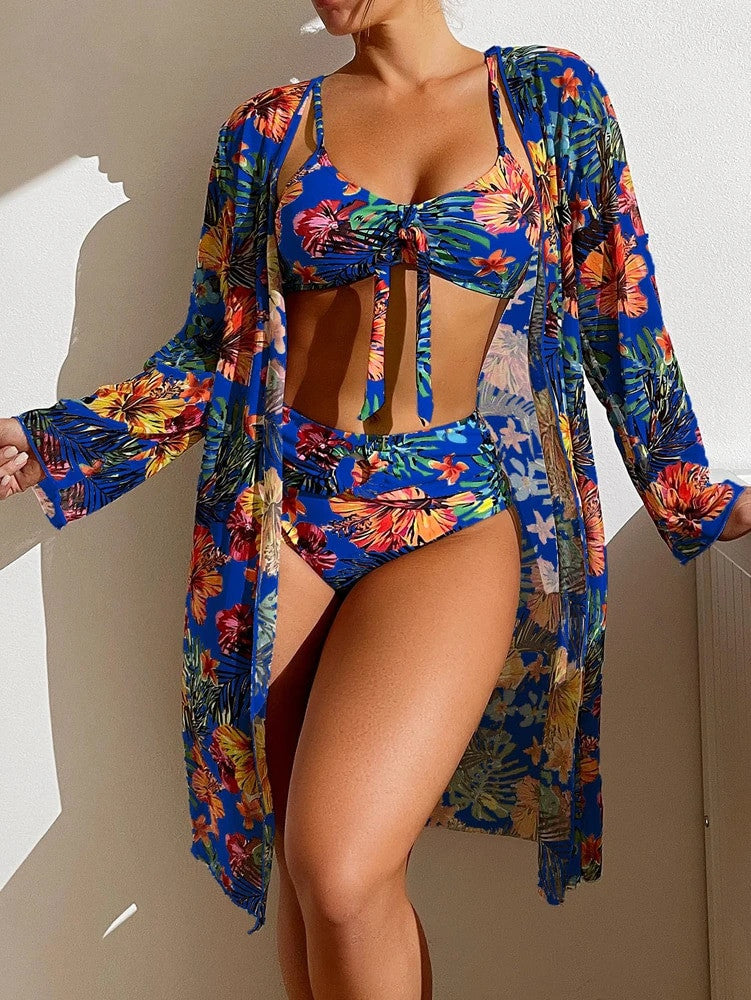 High Waist 3 Pieces Floral Printed Bikini