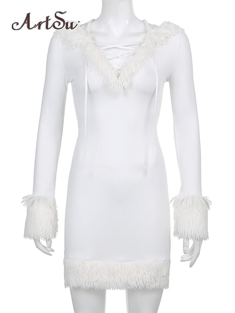 Kawaii Cute Furry White Bodycon Mini Dress