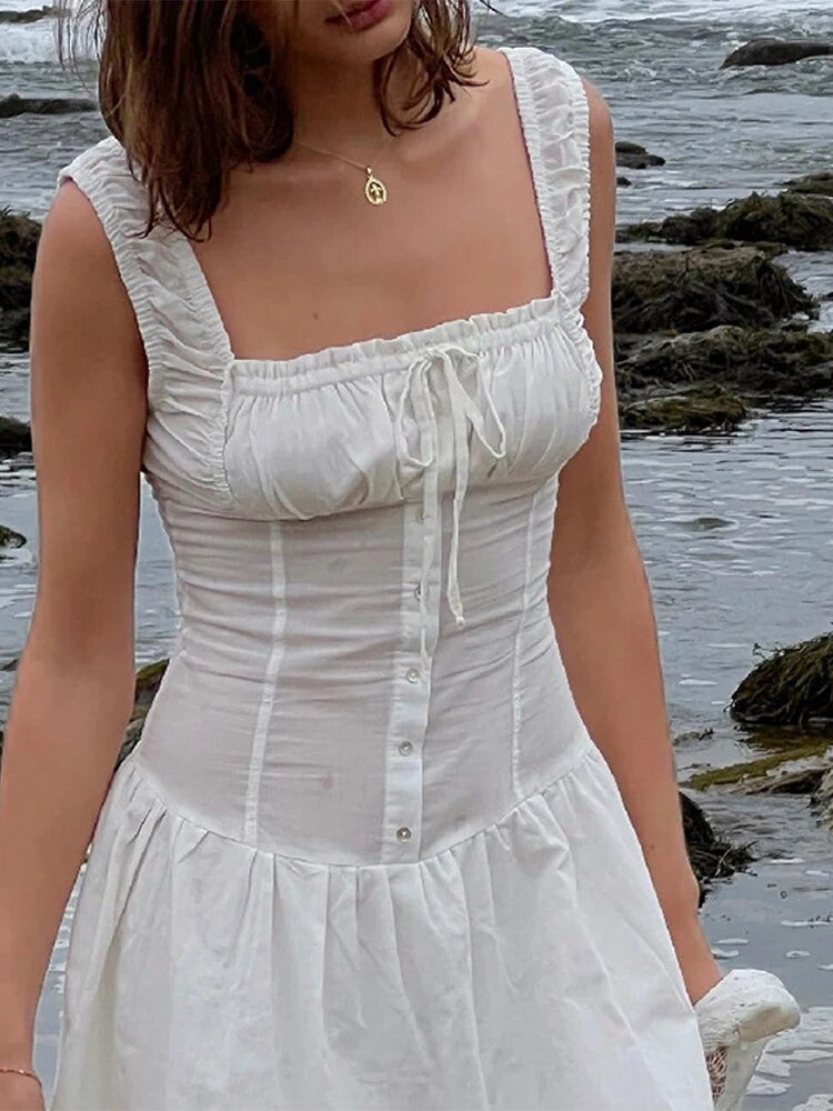 Woman Sexy White Pleated Holiday Lace Dress