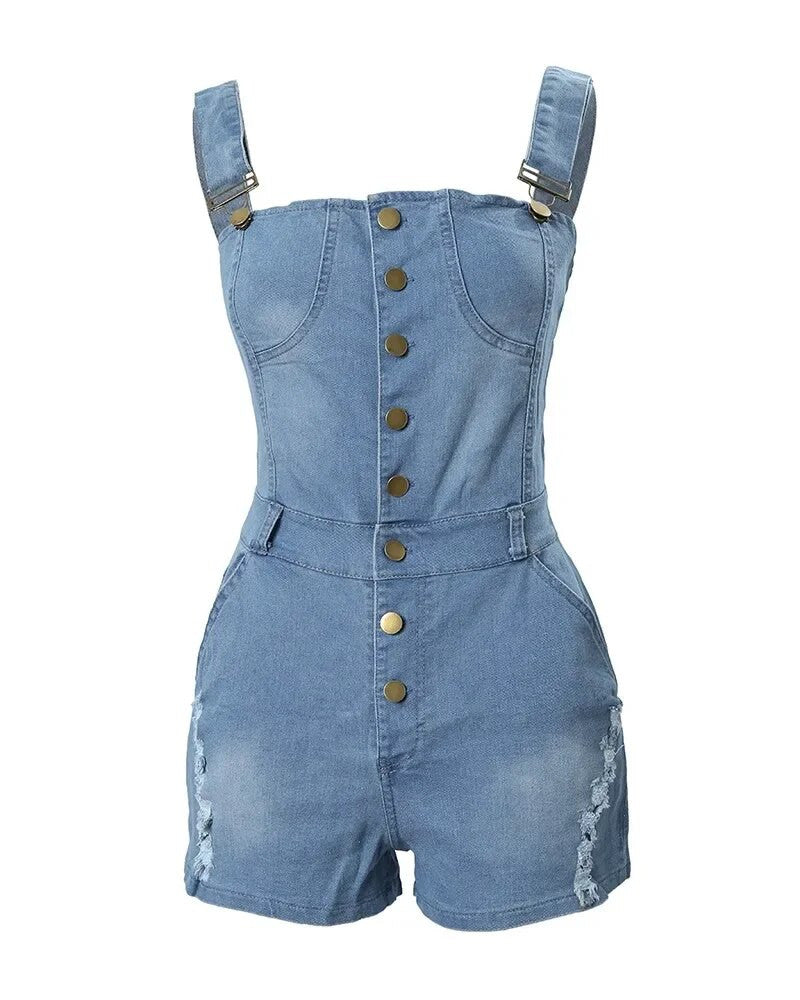 Thin Strap Buttoned Casual Denim Romper