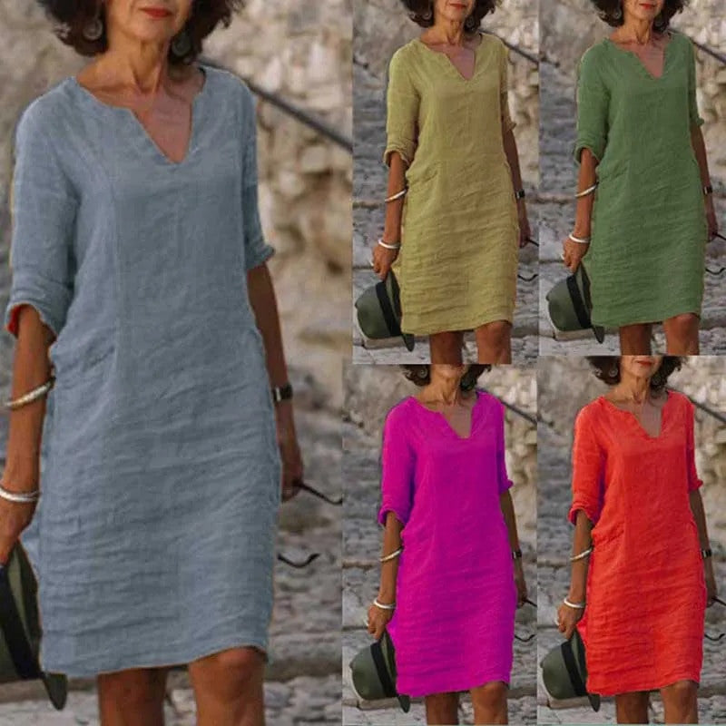 Women's Mini Vintage Solid Cotton, Linen Dress