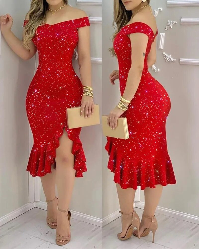 Women Sexy Rhinestone Off Shoulder Dress